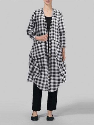 Kvinder Casual Løs Plaid Langærmet Knap Lommer Kjole
