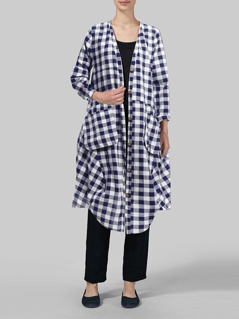 Kvinder Casual Løs Plaid Langærmet Knap Lommer Kjole