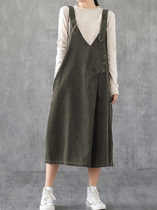 Kvinder Corduroy Justerbar Skulderrem V-hals Solid Sidelomme Casual Midi-kjole