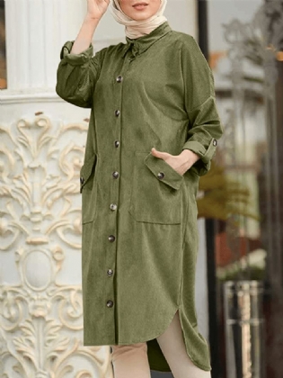 Kvinder Corduroy Solid Muslim Style Collared Raglan Button Front Høj Lav Kjole