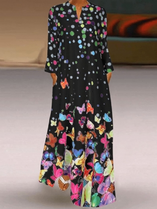 Kvinder Fest Bohemian Butterfly Polka Dot Patchwork Lommer Midi-kjole