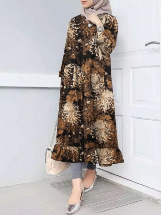 Kvinder Flora Med Tryk Ruff Hem O-hals Casual Bohemian Abaya Kaftan Skjortekjole Med Lomme