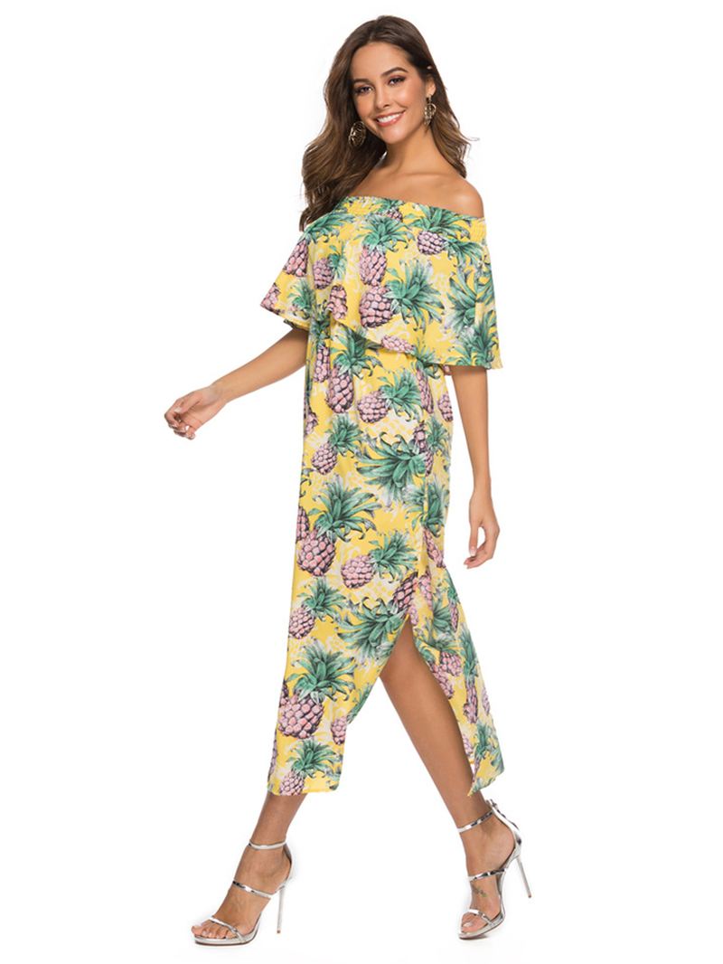 Kvinder Off Shoulder Blomsterprint Split Causal Midi-kjole