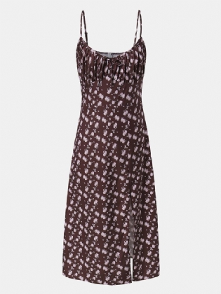 Kvinder Retro Blomsterprint Split Strappy Cami Casual Midi-kjoler