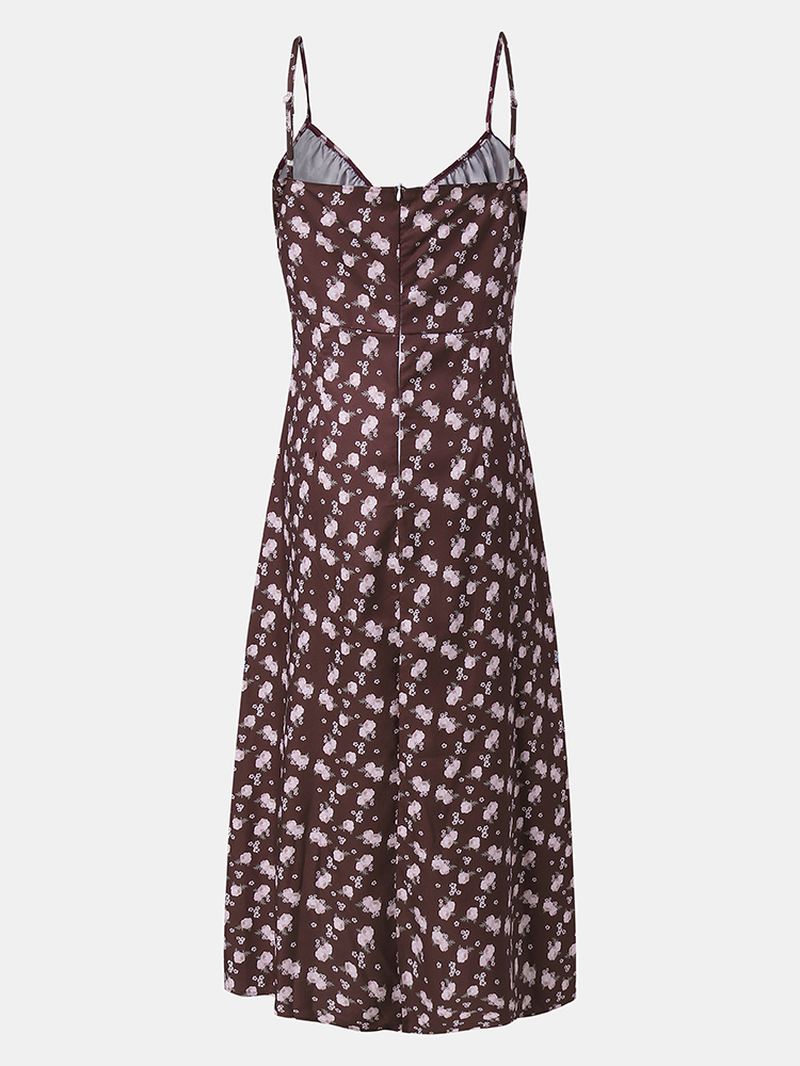 Kvinder Retro Blomsterprint Split Strappy Cami Casual Midi-kjoler