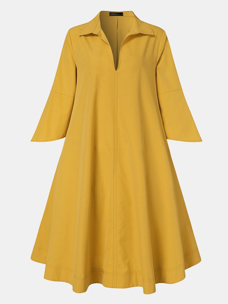Kvinder Revers Solid Casual Stilfuld Loose Fit Daglig Kjole Med Sidelommer