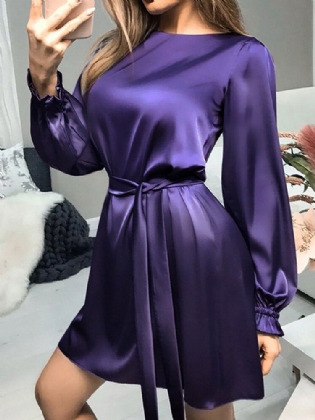 Kvinder Satin Solid Puff Sleeve Midi-kjoler I Knælængde