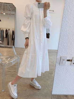 Kvinder Solid Tiered Stand Krave Plisseringer Pufærmer Casual Shirt Midi Kjoler