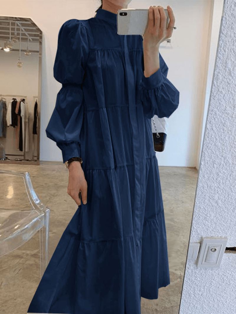 Kvinder Solid Tiered Stand Krave Plisseringer Pufærmer Casual Shirt Midi Kjoler
