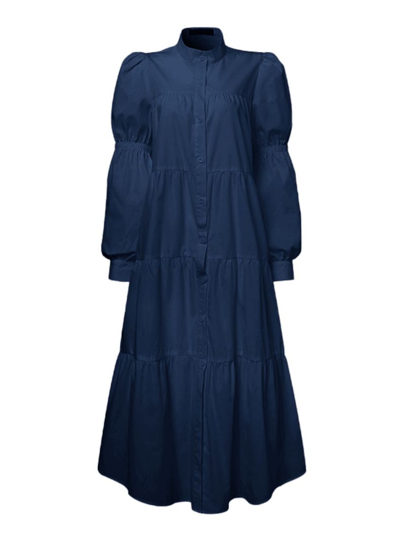 Kvinder Solid Tiered Stand Krave Plisseringer Pufærmer Casual Shirt Midi Kjoler