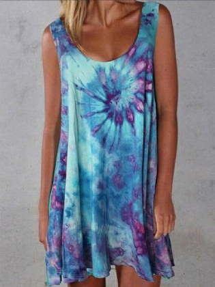 Kvinder Tie-dye Med Tryk Crew Neck Sommer Ærmeløs Løs Kjole