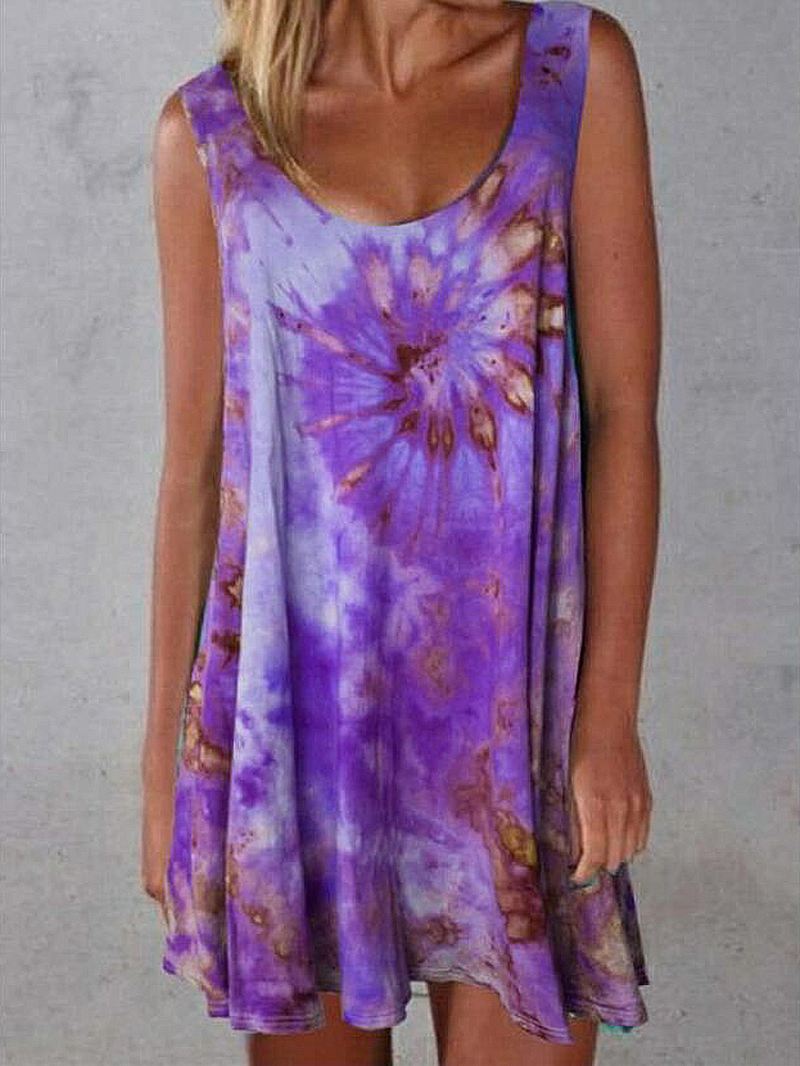 Kvinder Tie-dye Med Tryk Crew Neck Sommer Ærmeløs Løs Kjole