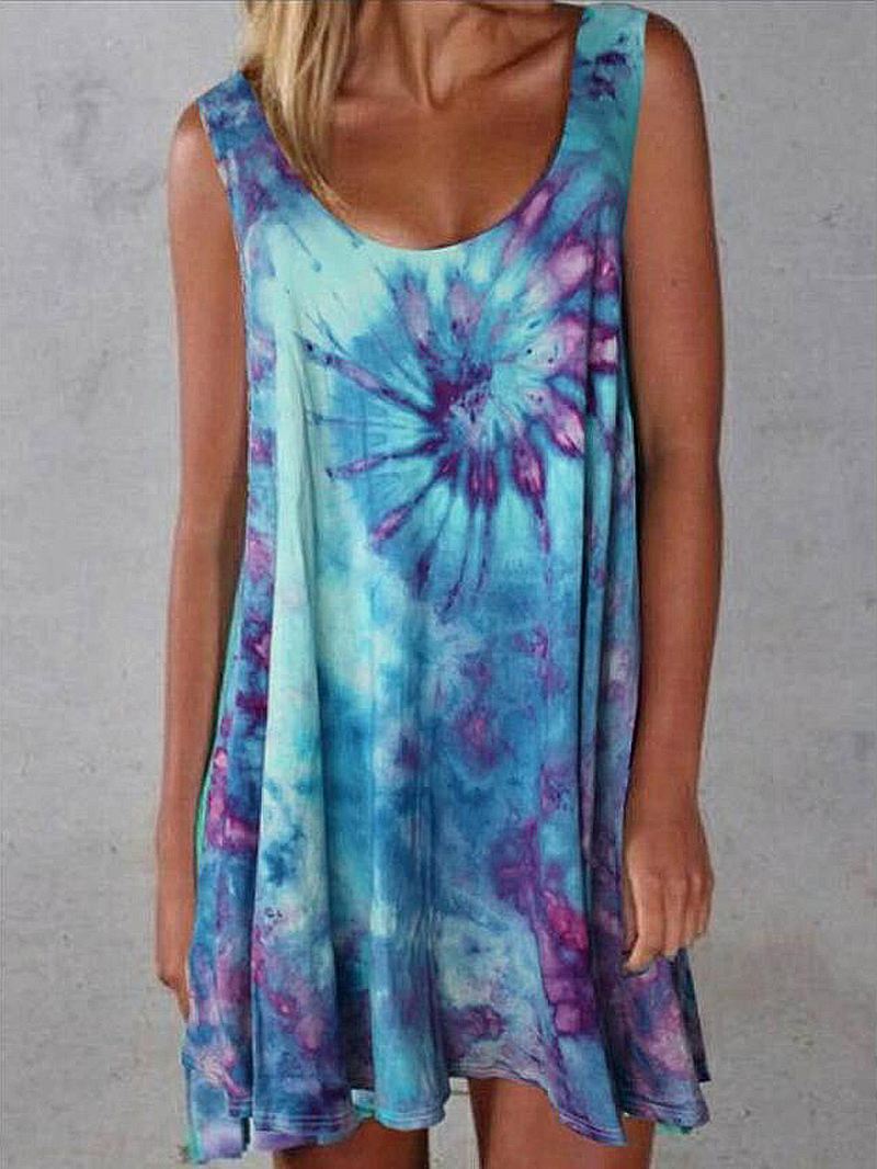 Kvinder Tie-dye Med Tryk Crew Neck Sommer Ærmeløs Løs Kjole