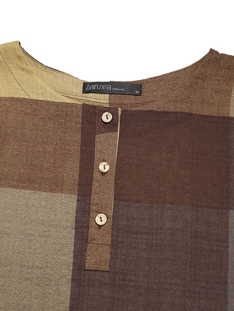 Kvinder Vintage Plaid Med Tryk Knap Foran O-hals Kortærmet Løs Afslappet Skjortekjole Med Lomme