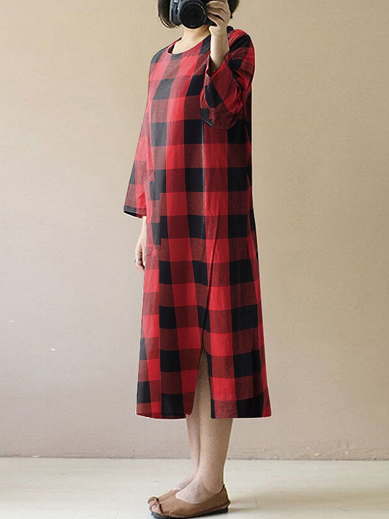 Kvinder Vintage Plaid O-hals Langærmet Split Midi Kjole