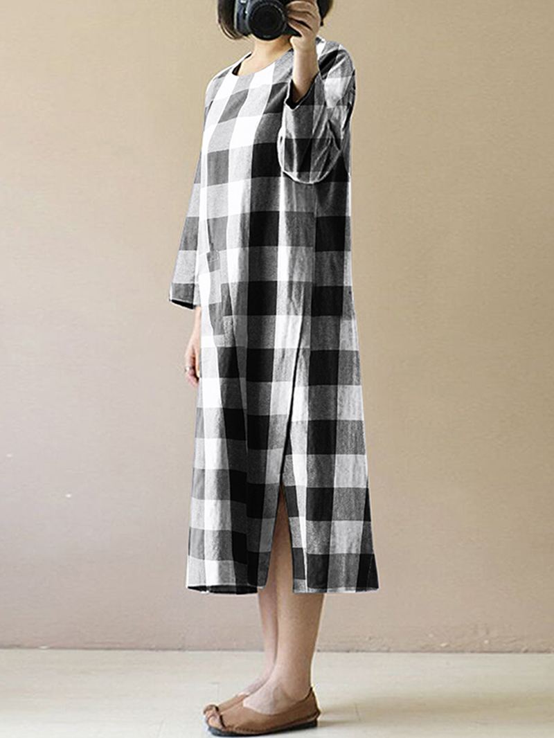 Kvinder Vintage Plaid O-hals Langærmet Split Midi Kjole