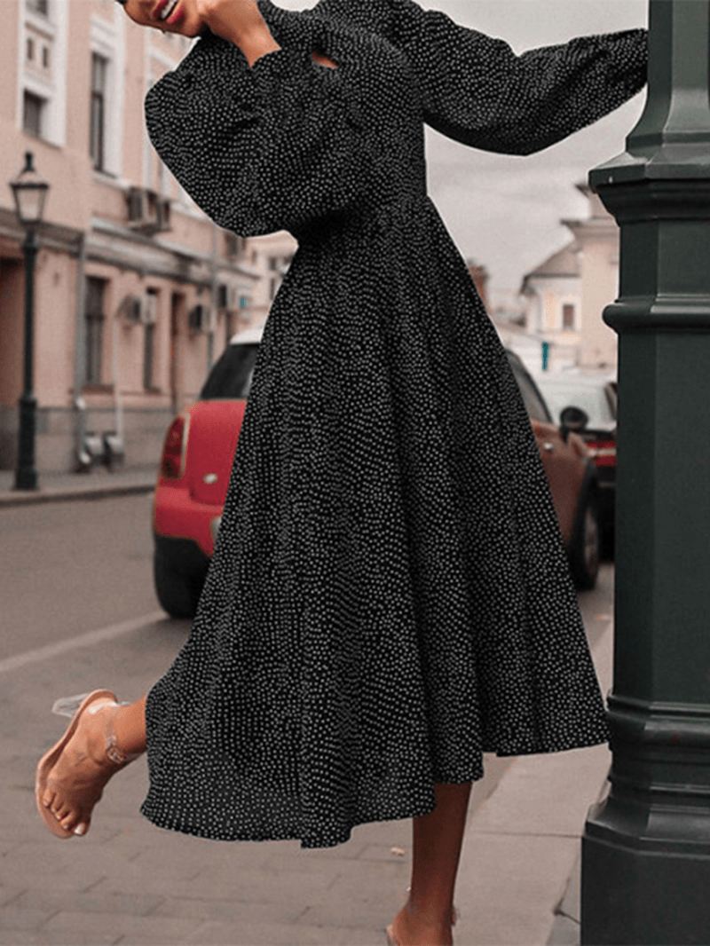 Kvinder Vintage Polka Dot Med Tryk Knotted Big Swing Casual Langærmet Kjole
