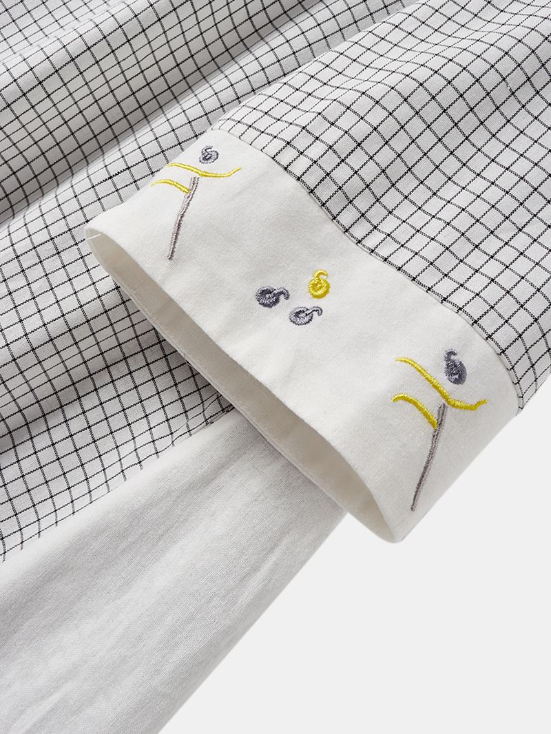 Plaid Patchwork Broderi O-hals Langærmet Knap Afslappet Midi Kjole