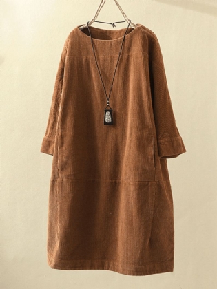 Plus Size Ensfarvede Fløjlsbukser Med Rund Hals Vintage Loose Fit Kjole