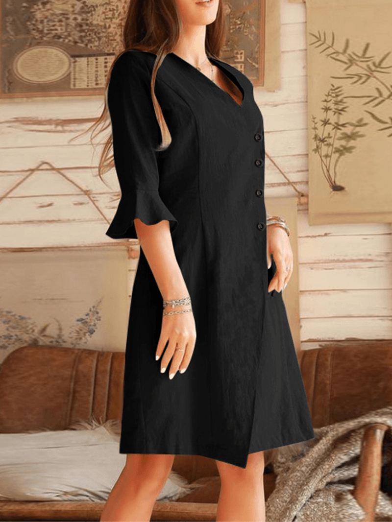 V-hals Skrå Stolpedesign Bell Sleeve Casual Kjole