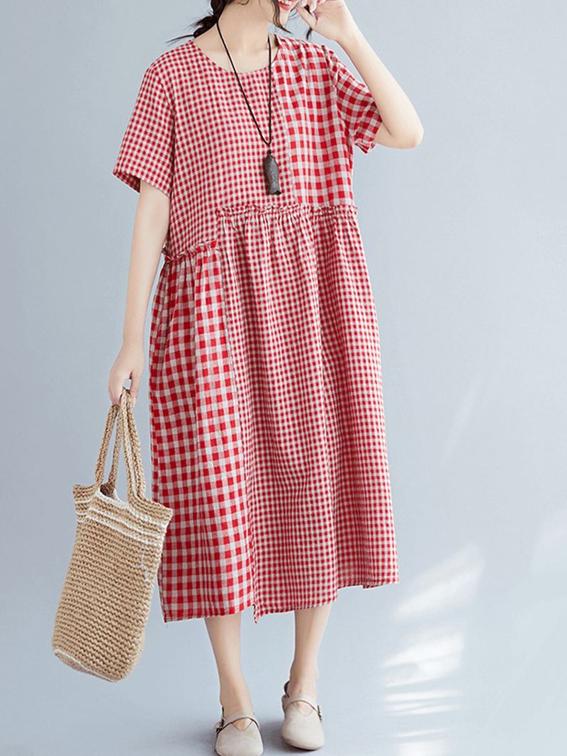 Vintage Bomuld Linned Plaid Løs Kjole
