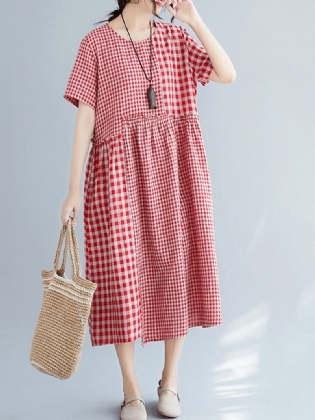 Vintage Bomuld Linned Plaid Løs Kjole