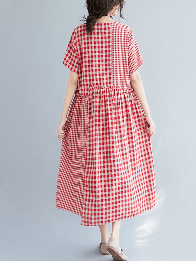 Vintage Bomuld Linned Plaid Løs Kjole