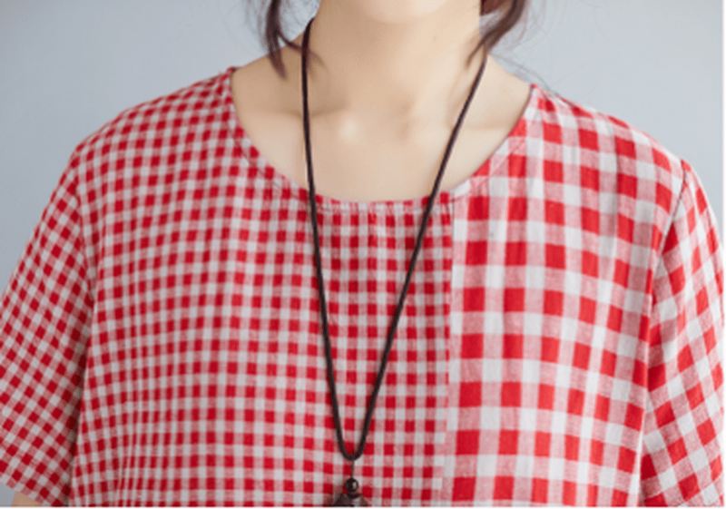 Vintage Bomuld Linned Plaid Løs Kjole
