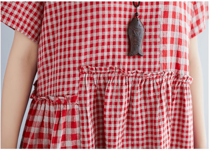 Vintage Bomuld Linned Plaid Løs Kjole