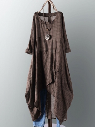 Vintage Kvinder Bomuld Pocket Plaid Uregelmæssig Hem Maxi Kjole