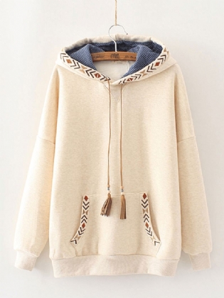 Broderede Patchwork Kvaster Langærmede Hættetrøjer Sweatshirt