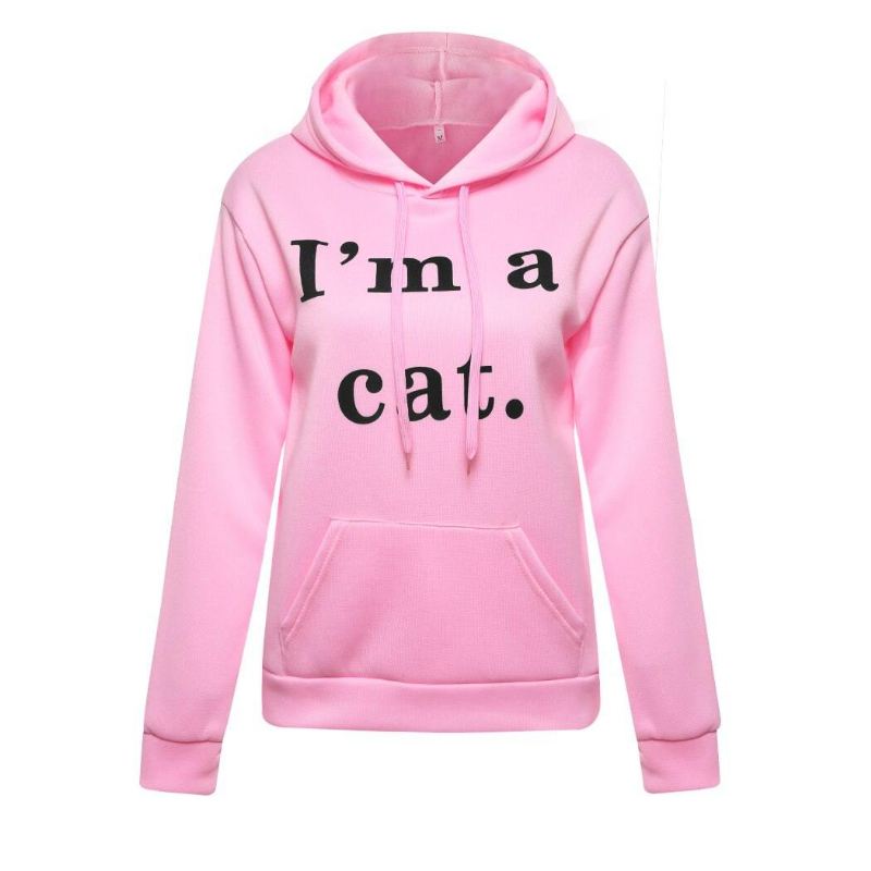 Harajuku Kat Ear Cap Hættetrøjer Damer I Am A Kat Trykte Hættetrøjer Pink Top Sød Langærmet Løs Pullover Moletom
