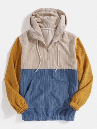 Herre Corduroy Patchwork Kængurulomme Bodycon Hem Hættetrøjer Med Snoretræk