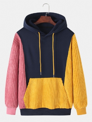 Herre Corduroy Patchwork Kangaroo Pocket Langærmet Design Hættetrøjer