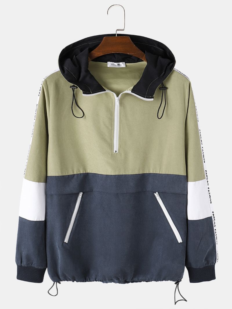 Herre Patchwork Color Block Lynlås Front Hættetrøje Bærbar Windbreaker-jakke