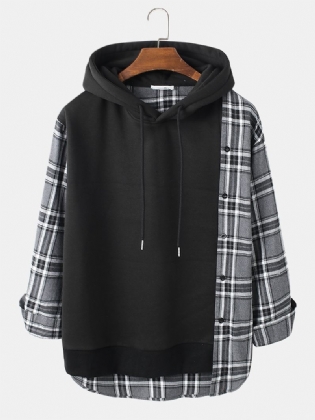Herre Plaid Patchwork Buet Kant Langærmede Hættetrøjer