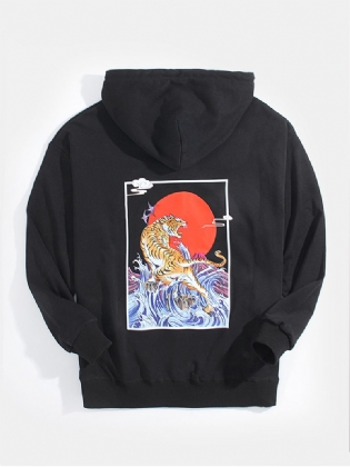 Herre Ukiyoe Tiger Back Graphics Pocket Hættetrøjer Med Snoretræk