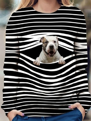 Kvinder 3d Hunde & Stripe Med Tryk O-hals Pullover Casual Sweatshirts