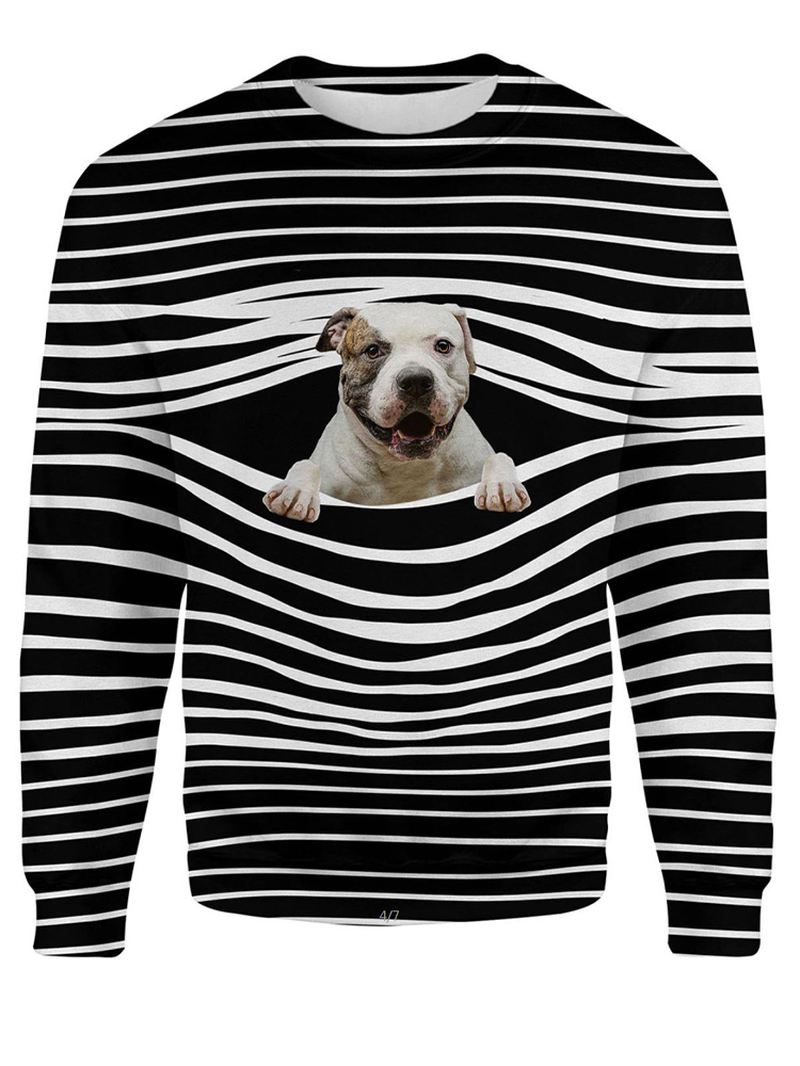 Kvinder 3d Hunde & Stripe Med Tryk O-hals Pullover Casual Sweatshirts