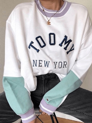 Kvinder Bomuld Letter Med Tryk Patchwork Farve Blok Langærmet Casual Sweatshirt
