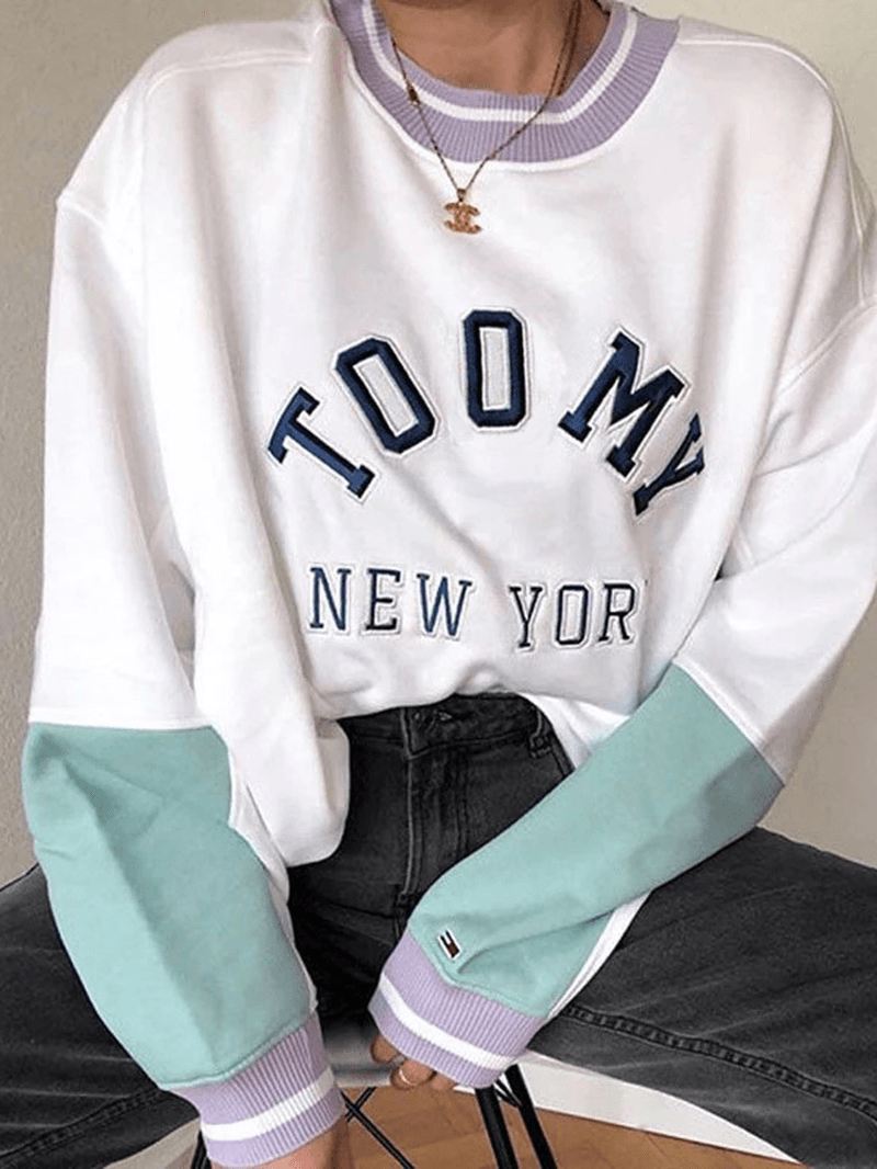 Kvinder Bomuld Letter Med Tryk Patchwork Farve Blok Langærmet Casual Sweatshirt