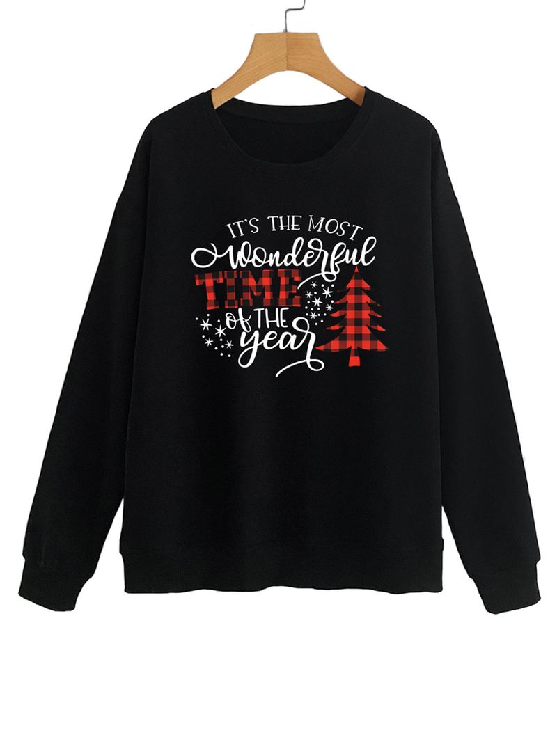 Kvinder Christmas Letter Med Tryk O-neck Drop Shoulder Løs Pullover Sweatshirts