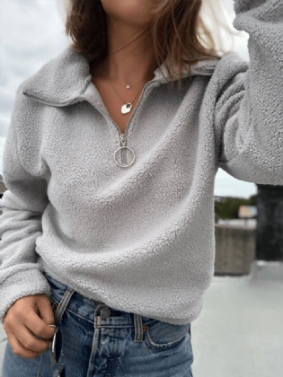 Kvinder Ensfarvet Fluffy Halv Lynlås Front Langærmet Pullover Casual Sweatshirts