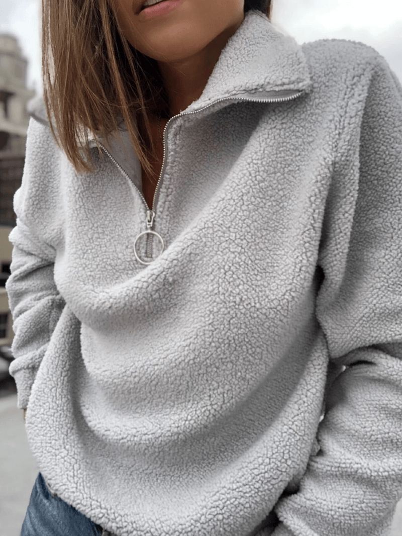 Kvinder Ensfarvet Fluffy Halv Lynlås Front Langærmet Pullover Casual Sweatshirts