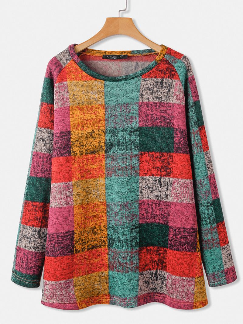 Kvinder Farve Blok Rund Hals Raglan Ærme Vintage Casual Sweatshirts