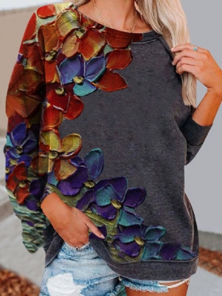 Kvinder Farverigt Blomsterprint Med Lange Ærmer O-hals Afslappet Sweatshirt