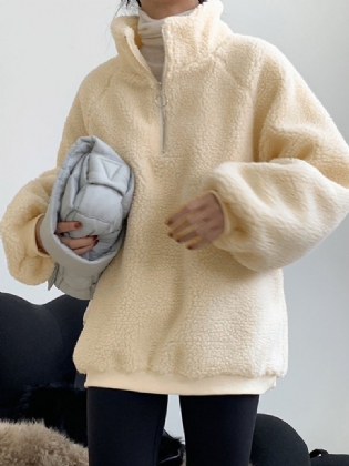 Kvinder Fleece Casual Løs Solid Lynlås Stand Krave Langærmet Pullover Sweatshirt
