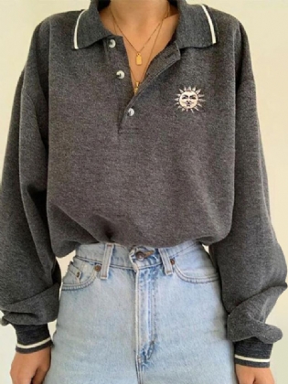 Kvinder Funny Sun Button Lapel Casual Loose Fit Langærmet Sweatshirt