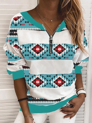 Kvinder Geometri Med Tryk Halv Lynlås Front Pullover Etnisk Stil Sweatshirt