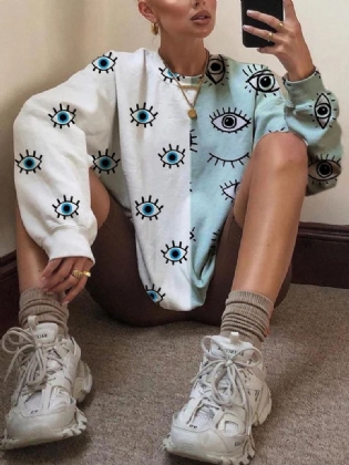 Kvinder Patchwork Eye Med Tryk Rundhals Pullover Casual Sweatshirts